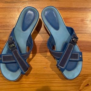 Cole Haan wedge sandals with Nike air heel, blue crisscross straps